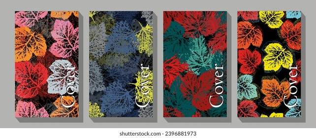 Hello Autumn posters set. Vector illustration of autumn multicolored leaves.  Wedding invitation. Birthday card. 