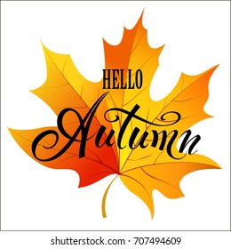 Hello Autumn. Autumn print with yellow maple leaf and litering.