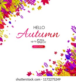 Hello autumn promo card with colorful leaves. Shop online 50% sale. Vector background. 