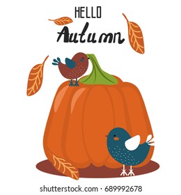 Hello autumn. Pumpkin, surrounded by birds and autumn leaves. cartoon. Greeting card, banner, background. Vector. Doodle.