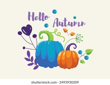 Hello autumn quote, fall season pumpkin vector poster. Warm, cozy, bright autumn design.