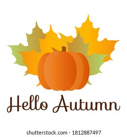 Hola cita de otoño con hojas de arce anaranjadas y ilustración aislada de calabaza