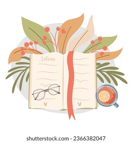 Hello Autumn. Reading time. Cup of tea and a book. Cozy autumn days concept. 