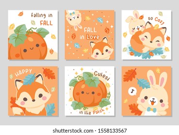 Hello autumn! red yellow leaves and pumpkin together with cute happy fox and little bunny. Fall theme orange color.Set of square gift tag, card, badge. Vector illustration.