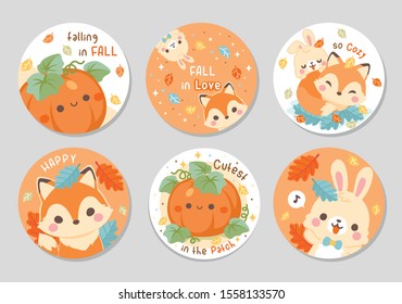 Hello autumn! red yellow leaves and pumpkin together with cute happy fox and little bunny. Fall theme orange color. Set of circle gift tag, badge, button pin. Vector illustration.