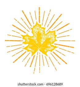 Hello autumn retro stamp handwritten lettering. Sunbeams vintage print greetings style. Funny engrave font with texture. Positive sunny yellow banner