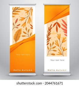 Hello autumn roll banner template design with yellow brown leaves