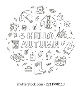 Hello autumn round emblem. Ideal for coloring books, stamps, invitations and others. Doodle style. Outline vector 