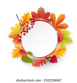 Hello, Autumn. Round frame with autumn yellow, orange leaves. Template for the design of banners, posters, advertising, postcards, sales. Vector illustration