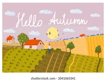 Hola Autumn Rural campo de campo en la colina, horizonte. Temporada otoño, vista panorámica al campo. Ilustración de vectores dibujada a mano aislada
