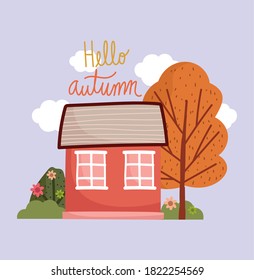 hola otoño, casa rústica flores follaje naturaleza caricatura ilustración vectorial