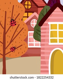 hola otoño, casa rústica árboles con ladybugs ilustración vectorial de fondo