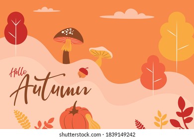 Hello autumn, rustic mushroom pumpkin flowers leaves foliage banner.