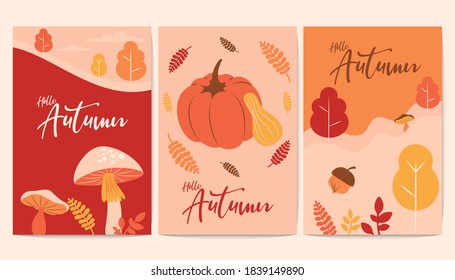 Hello autumn, rustic mushroom pumpkin flowers leaves foliage banner.