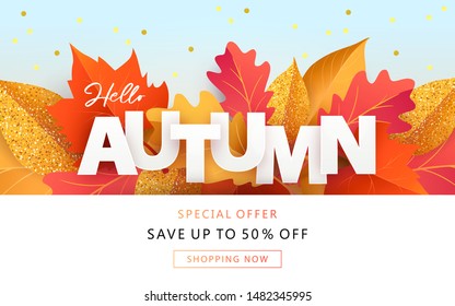 Hello Autumn Sale background, banner, poster or flyer design. Vector illustration with bright beautiful leaves and word Autumn made of paper in digital craft style. Template for advertising, web, ads