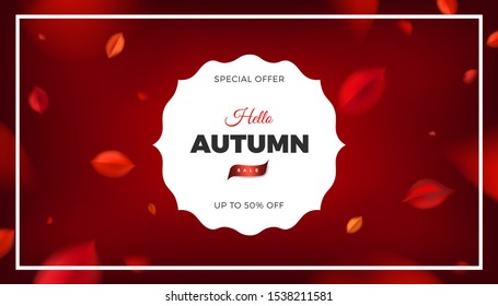 Hello Autumn sale banner background with red leaves, fall nature vector promotion design. Web or print layout template