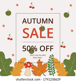 Hello autumn sale banner background. Flat design. Vector illustration.