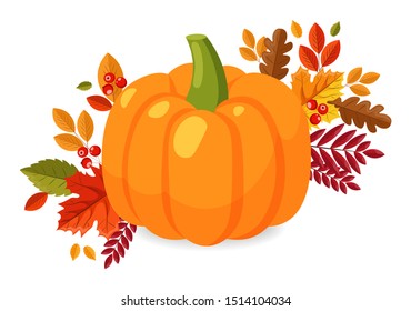 Hello autumn, sale banner, flat pumpkin set and colored leaves, autumn illustration