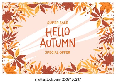 Hello autumn sale banner with leaves. Bright poster, flyer with invitation for shopping, template offer of discounts deals. Vector Illustration