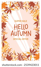 Hello autumn sale banner with leaves. Bright poster, flyer with invitation for shopping, template offer of discounts deals. Vector Illustration