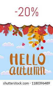 Hello Autumn, sale discount season, background with falling leaves, yellow, orange, brown, fall, lettering, template for poster, banner, vector, isolated