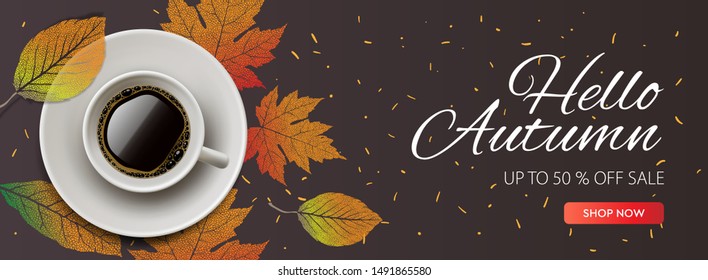 Hello Autumn Sale horizontal banner. Cup of coffee with autumn leaves. vector illustration for web banners invitation poster