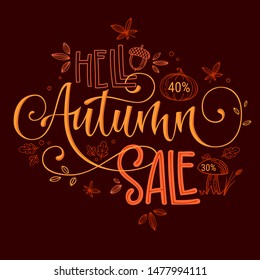 Hello Autumn Sale quote. Hand drawn modern calligraphy. Sale lettering banner design phrase. Script letter style. Colorful design element. Fashion design. Graphic element. Vector font illustration. 