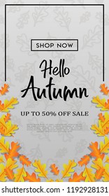 Hello Autumn Sale text poster of September shopping sale design or promo poster and frame leaflet or web banner