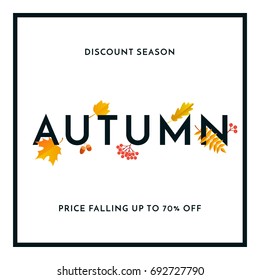 Hello Autumn Sale text poster of September leaf fall or autumnal foliage of maple, oak acorn and elm for shopping sale design or promo poster and frame leaflet or web banner