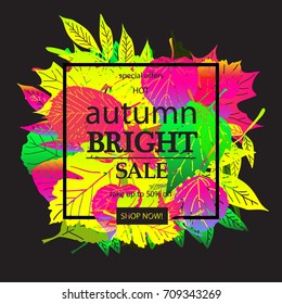 Hello Autumn Sale text poster of September leaf fall or autumnal foliage of maple, oak acorn and elm for shopping sale design or promo poster and frame leaflet or web banner. On a black background