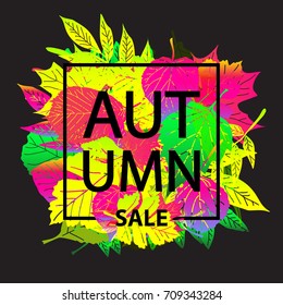 Hello Autumn Sale text poster of September leaf fall or autumnal foliage of maple, oak acorn and elm for shopping sale design or promo poster and frame leaflet or web banner. On a black background
