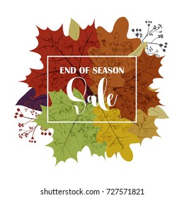 Hello Autumn Sale text poster of September leaf fall or autumnal foliage of maple, oak acorn and elm for shopping sale design or promo poster and frame leaflet or web banner