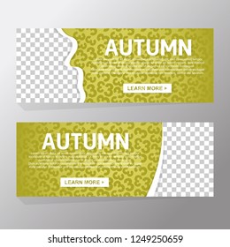 Hello autumn sale and vector design set of banners and background for fall season with yellow silhouette 3 number. Transparent space image and learn more button. Vector illustration