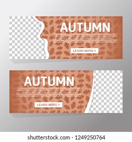 Hello autumn sale and vector design set of banners and background for fall season with brown silhouette tropical palm leaves. Transparent space image and learn more button. Vector illustration