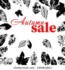 Hello autumn. Autumn sale. Vector illustration with prints of different tree leaves