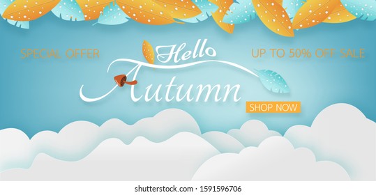 Hello Autumn sales composition in paper cut style with colorful leaves. Vector illustration.