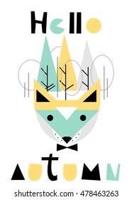 Hello autumn. Scandinavian poster. Hand drawn original font. Design for shirts, prints, cards, posters. Vector illustration. Cat, forest, trees