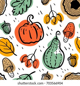 Hello, Autumn. Seamless background of ripe pumpkins, acorn, leaves, berries and other