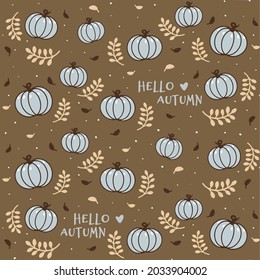 Hello autumn seamless pattern with blue pumpkins and leaaves