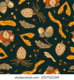 Hello, Autumn. Seamless pattern from nuts and seeds. Acorns with leaves, cedar cone, linden seeds, hazelnuts, maple lionfish seeds. sketch style. wallpaper, printing on fabric, wrapping, background