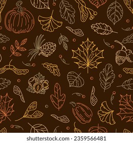 Hello, Autumn. Seamless pattern from nuts and seeds. Acorns with leaves, cedar cone, linden seeds, hazelnuts, maple lionfish seeds. doodle style. wallpaper, printing on fabric, wrapping, background