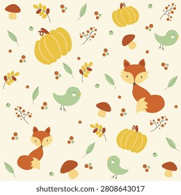 Hello Autumn Seamless Patterns. Cute foxes and birds explore a cozy autumn scene. Small pumpkins, leaves, and berries add seasonal charm. Mushrooms and tiny birds bring whimsical delight. Soft colors and playful shapes create a warm