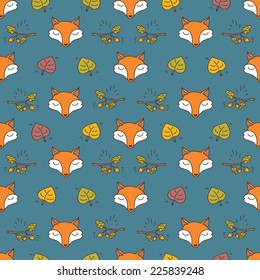 hello autumn seamless texture with cute fox and oak branch, vector illustration