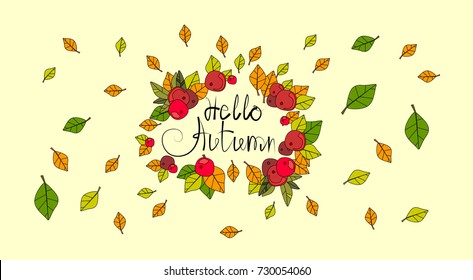 Hello Autumn Season Banner With Hand Draw Lettering Fall Greeting Card Vector Illustration