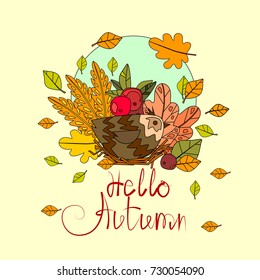 Hello Autumn Season Banner With Hand Draw Lettering Fall Greeting Card Vector Illustration