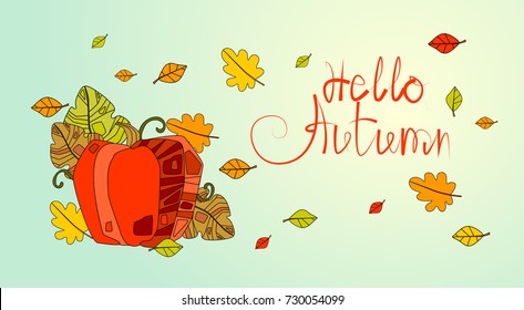 Hello Autumn Season Banner With Hand Draw Lettering Fall Greeting Card Vector Illustration