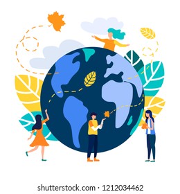 Hello autumn. Autumn season. Flat style vector. Autumn season background with people. Flat style vector illustration.