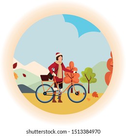 hello autumn season with girl and bicycle in the field vector illustration design