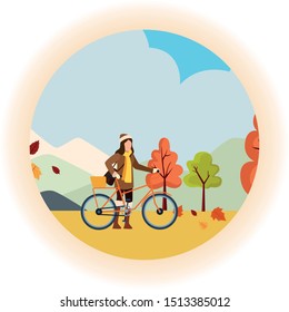 hello autumn season with girl and bicycle in the field vector illustration design
