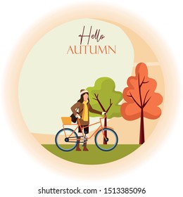 hello autumn season with girl and bicycle in the field vector illustration design